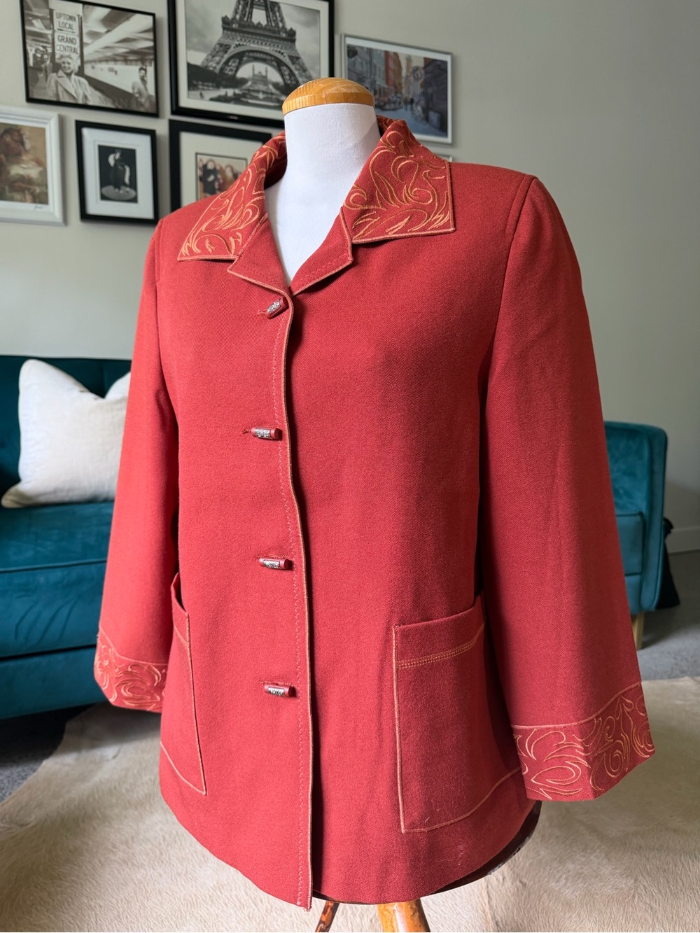 Women's Red Embroidered Collar Jacket